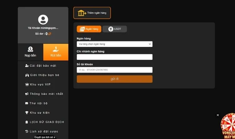 Giao diện rút tiền KG88